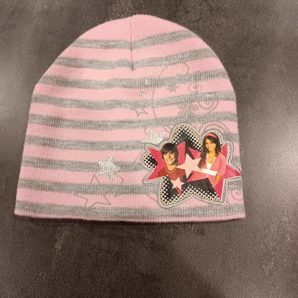 Pink and Gray Striped Beanie with Star Design High School Musical
